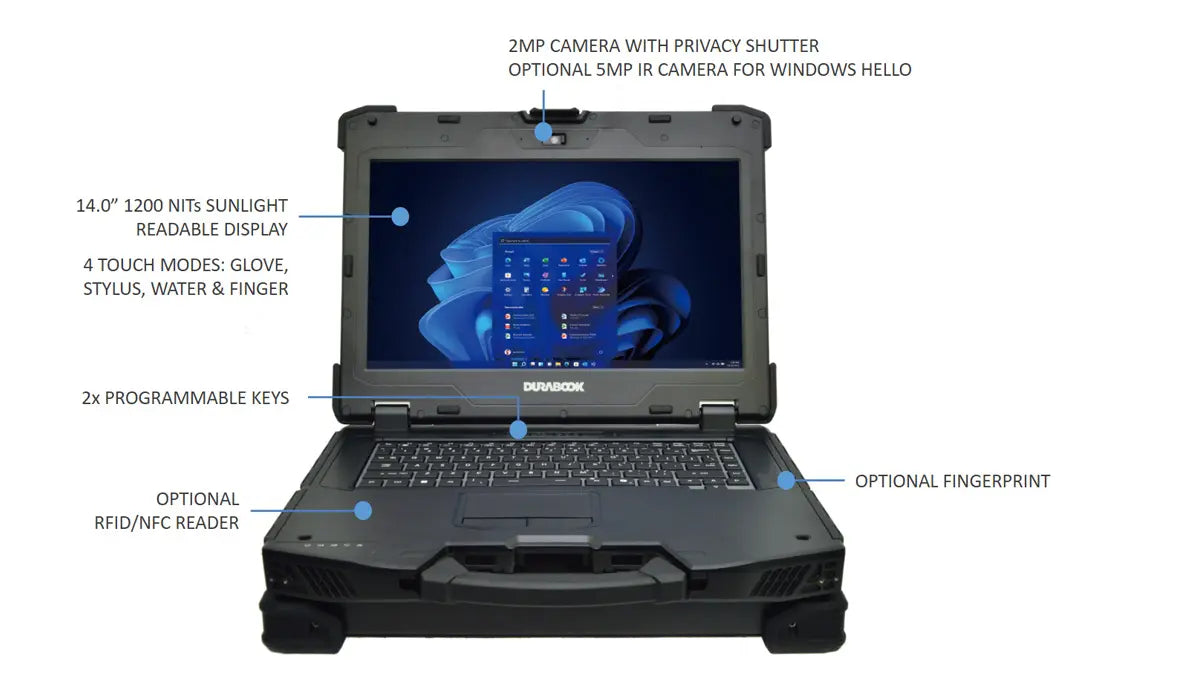 Durabook Z14I-HG, Intel Core Ultra 7 155U, NVIDIA RTX 3500, 14.0” FHD Touch 1200 nits, Webcam, 32GB 512GB SSD, Smart Card Reader, 1x Battery, Windows 11 Pro.