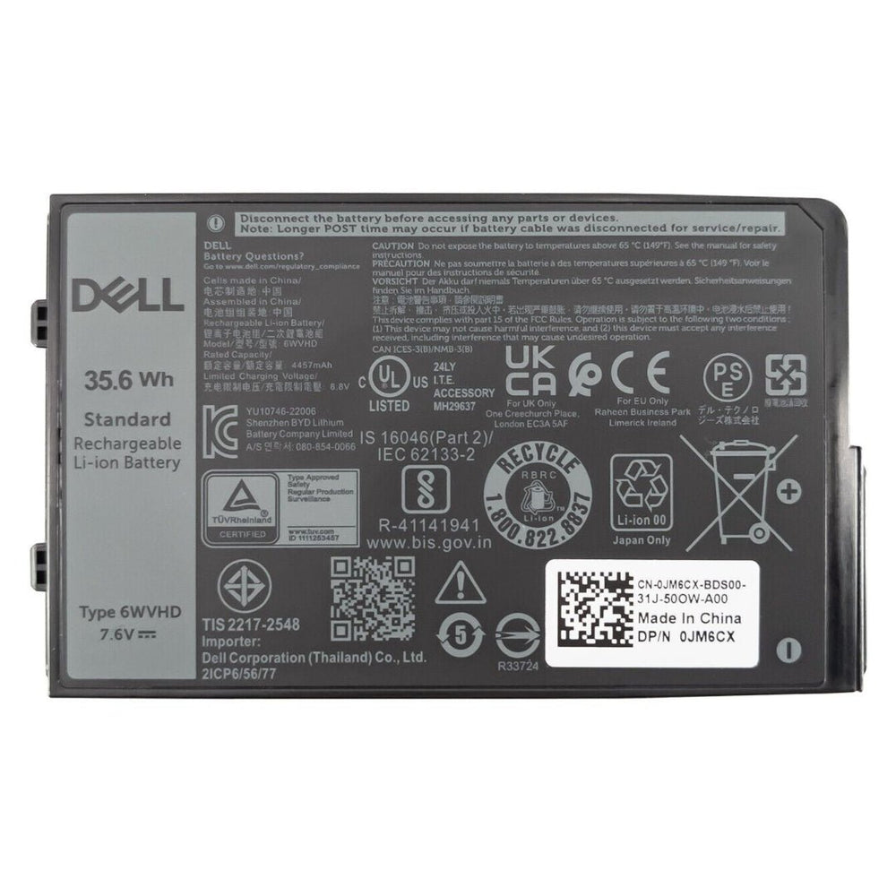 Dell Latitude battery for 7230 Rugged 35.6Wh - Part # 0JM6CX Type 6WVHD - Rugged Books Inc.