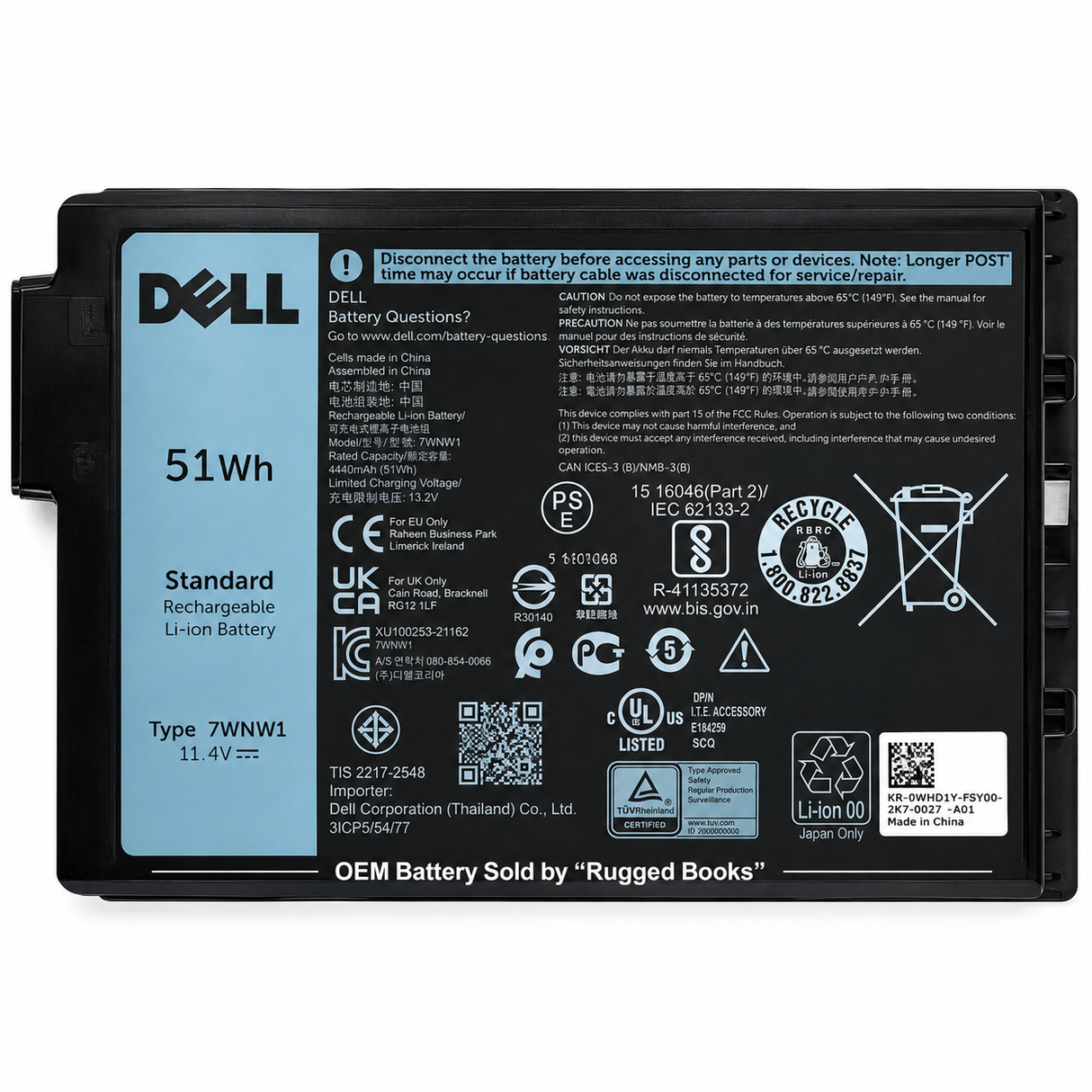 Geniune Dell 11.4V 51WHR LI - ION BATTERY for Model: LATITUDE RUGGED 5420, 5424, 7424 - Rugged Books Inc.
