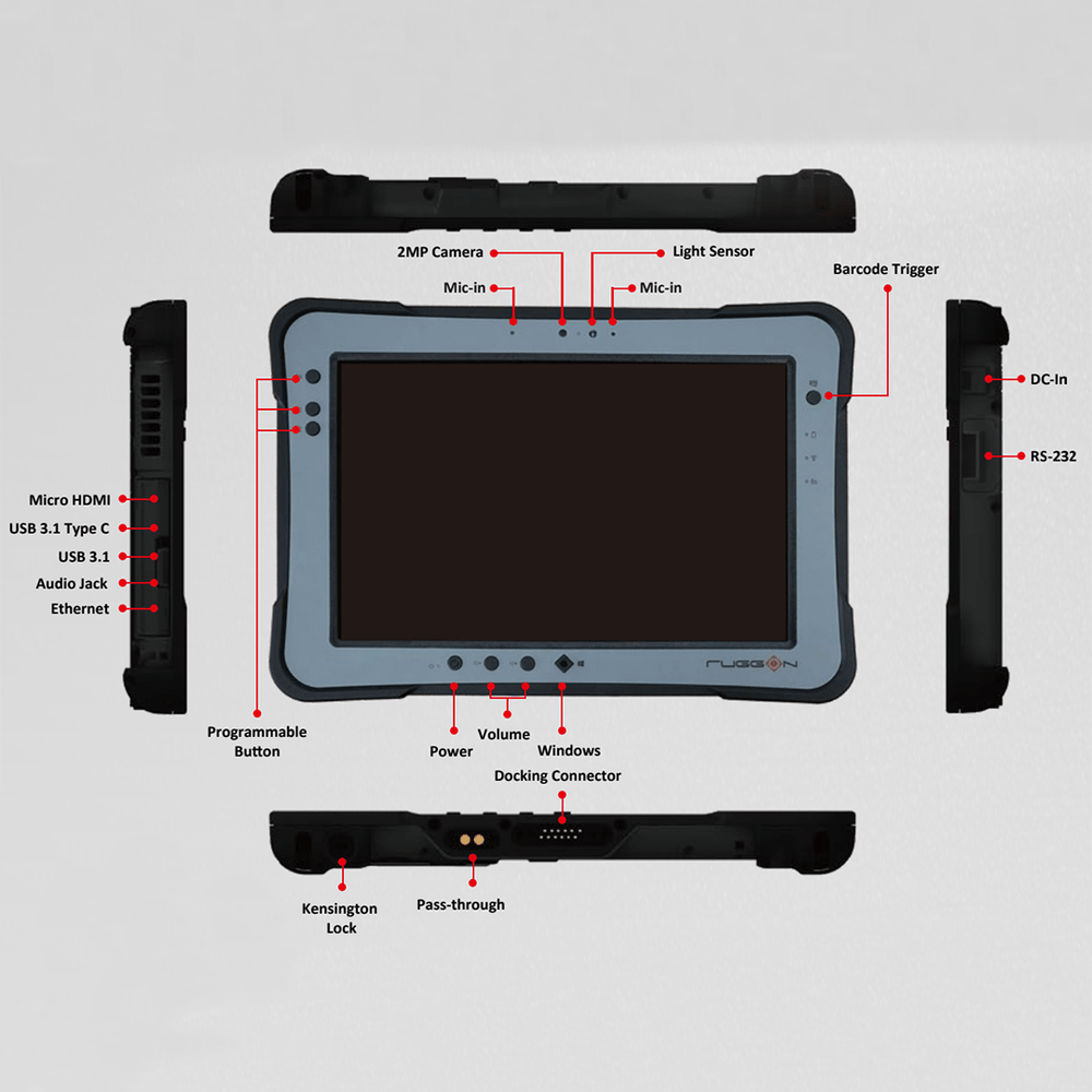 RuggOn Rextorm PX501G3, 10.1" Fully Rugged, Intel Core i5 - 8250U, 8GB, 256GB SSD, 4G LTE, Windows 11 Pro. (TAA Compliant) - Rugged Books Inc.