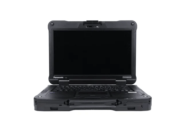 Panasonic rugged work laptop in black, shown open and facing forward against a plain white background.