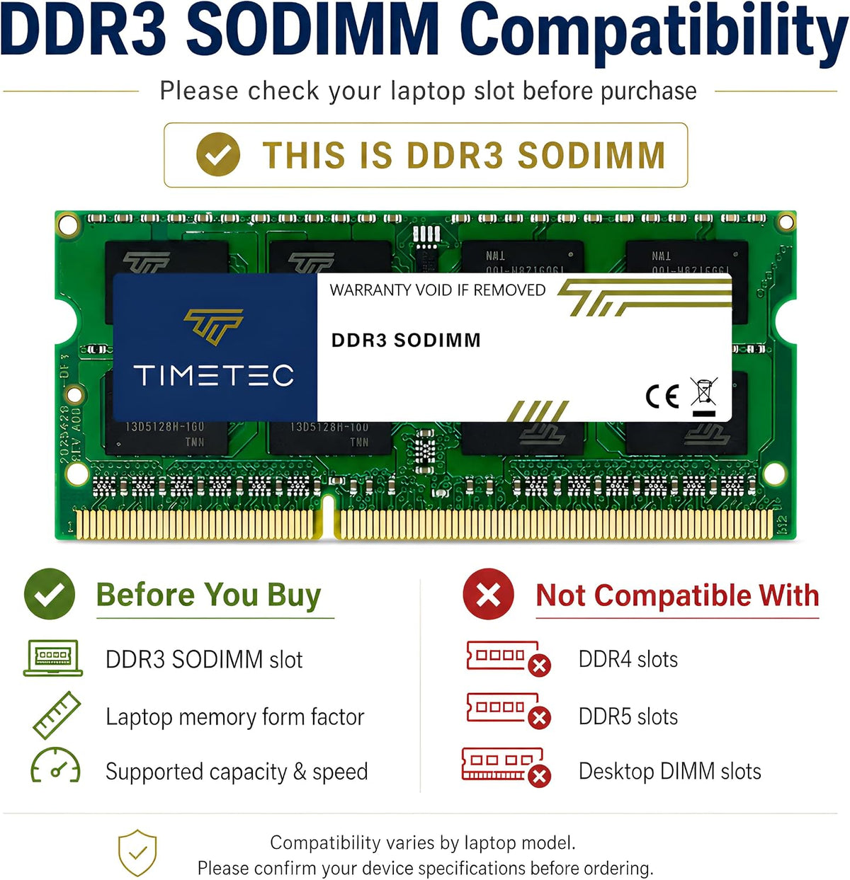 Timetec 8GB DDR3 1600MHz SODIMM Laptop RAM | 76TT16NUSL2R8-8G