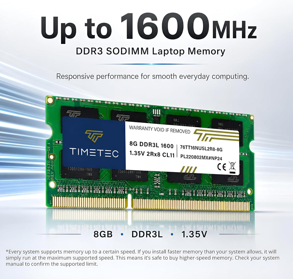 Timetec 8GB DDR3 1600MHz SODIMM Laptop RAM | 76TT16NUSL2R8-8G