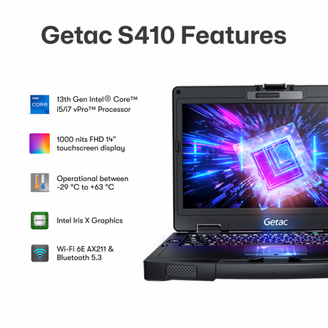 Getac S410 G5 | Intel Core i5-1340P, 14" lisible à la lumière du soleil, webcam, 16 Go, SSD PCIe 512 Go, clavier rétroéclairé, Thunderbolt 4, Windows 11 Pro.