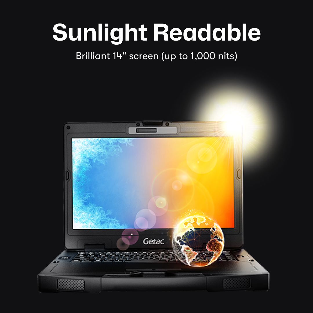 Getac S410 G5 | Intel Core i5-1340P, 14" lisible à la lumière du soleil, webcam, 16 Go, SSD PCIe 512 Go, clavier rétroéclairé, Thunderbolt 4, Windows 11 Pro.
