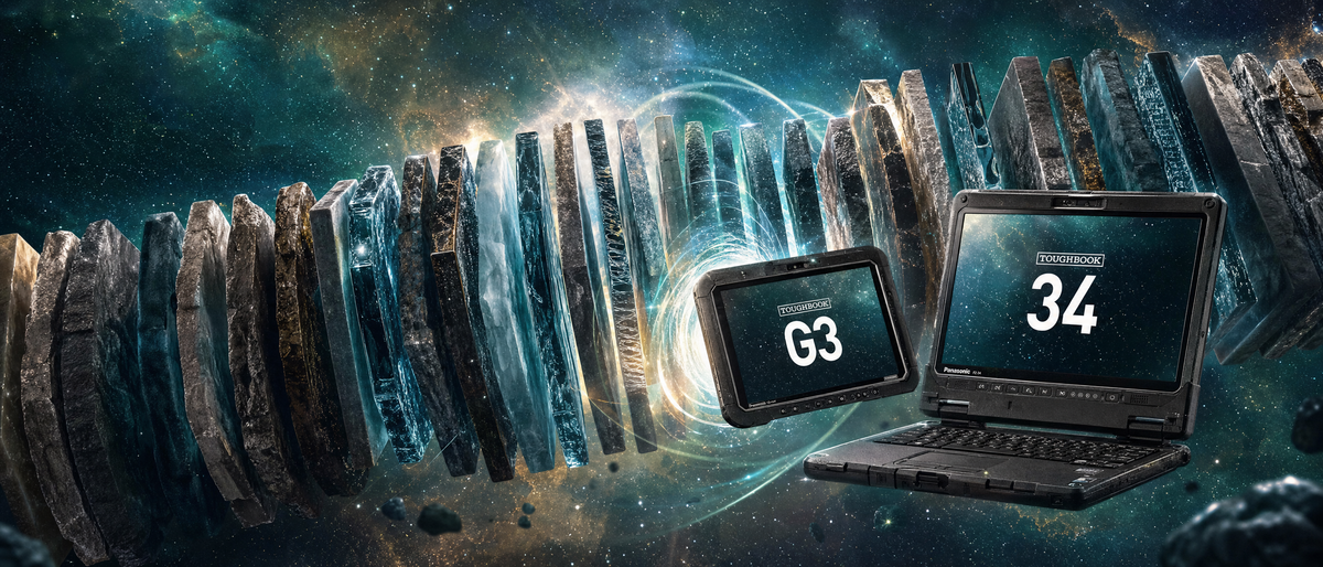 A promotional render showing two dark gaming laptops and a matching tablet floating in a cosmic space scene. The screens display 'G3' and '34' in large white text, with glowing blue energy effects and a row of stone-like blocks behind them.