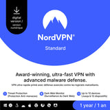 NordVPN Standard digital subscription plan graphic with a blue and white design, featuring a black badge indicating a digital version and icons highlighting key features like threat protection, dark web monitoring, and multi-device support.