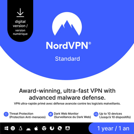 NordVPN Standard digital subscription plan graphic with a blue and white design, featuring a black badge indicating a digital version and icons highlighting key features like threat protection, dark web monitoring, and multi-device support.