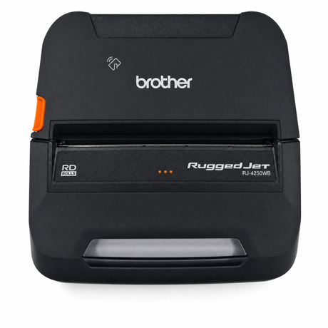 A Brother RuggedJet RJ-420WB barcode scanner in matte black with a small orange accent on the left side, shown from a front-facing perspective on a white background.