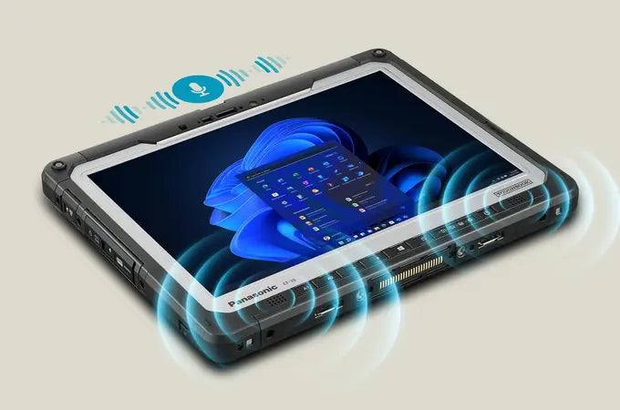 A rugged black tablet shown at an angle on a light beige background, with blue graphic wave icons around it suggesting wireless connectivity or audio features.