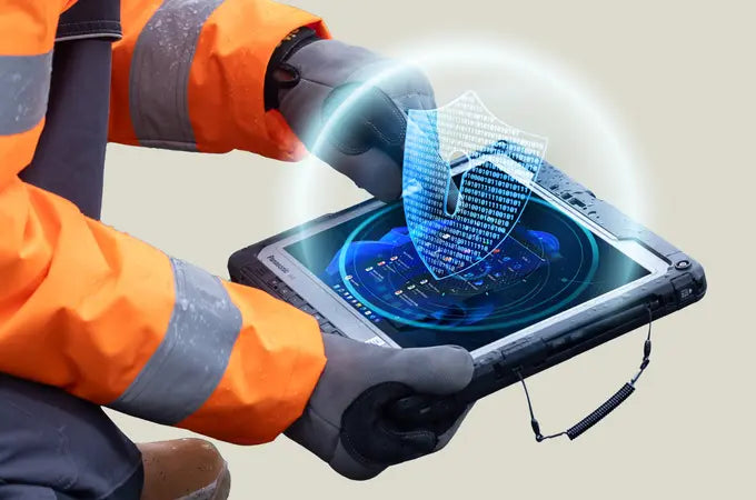 A person in an orange high-visibility work jacket and gray gloves holds a rugged black tablet displaying a blue digital interface, with a glowing translucent shield graphic floating above the screen against a light beige background.