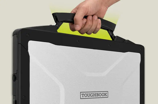 Person holding a black and gray Toughbook case with a visible brand logo.
